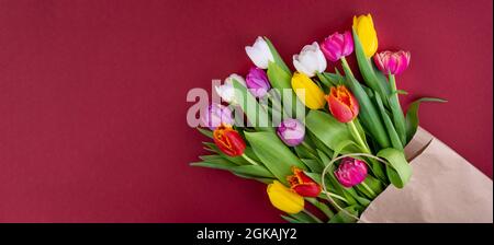 Banner floreale sfondo rosso con posto per il testo. Borsa artigianale con tulipani. Mix di tulipani primaverili fiori. Tulipani primo piano diversi colori. Fiore di primavera Foto Stock