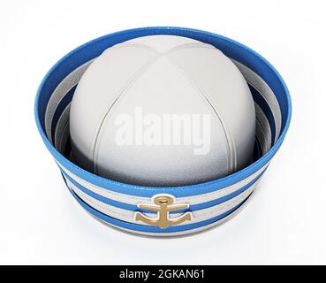 Cappello a strisce bianco e blu a vela isolato su sfondo bianco. Illustrazione 3D. Foto Stock