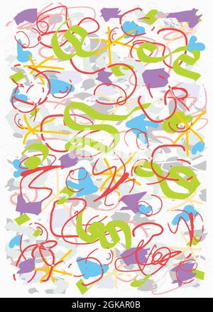 Doodle disegno a mano Pop Design, colori primari, Abstract Vibrant Line Illustration, Tablet notebook Sketch Illustrazione Vettoriale