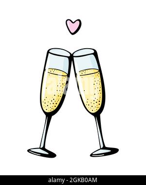 Vettore Doodle illustrazione disegnata a mano di due bicchieri di champagne coppia amore bevanda cheers vino spumante wineglasses su sfondo bianco. Biglietto di auguri per San Valentino, poster per la celebrazione dell'anniversario Illustrazione Vettoriale