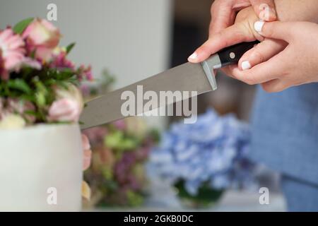 Dettaglio di sposa e sposo taglio torta di nozze dopo essere stato sposato. Foto di alta qualità Foto Stock