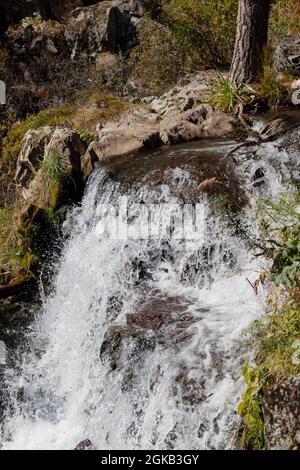 Primo piano di una potente cascata di alta qualità. Vista laterale di una cascata soleggiato nella natura selvaggia. Un grande flusso d'acqua si riversa verso il basso dal monte Foto Stock