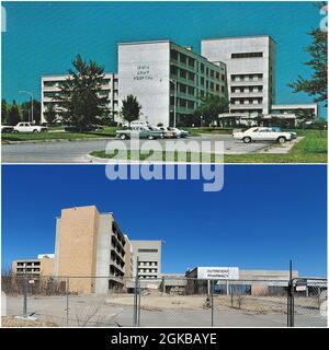 Questo venerdì di Fort Riley guardiamo al predecessore dell'attuale Irwin Army Community Hospital. Situata in Huebner Road 600, la costruzione dell'eredità IACH è iniziata nel luglio 1955. La struttura è stata dedicata nel febbraio 1958 con 250 letti, espandibili a 500 letti. L'ospedale è stato chiamato in memoria di Briga. Il Gen. Bernard John Dowling Irwin, 'il Dottore combattente' che ha servito con distinzione nella guerra civile e più successivamente è stato chirurgo del posto a Fort Riley. Ha ricevuto la Medaglia d'onore poco prima del suo pensionamento nel gennaio 1894. Le azioni di Irwin furono le prime per le quali fu premiata la Medaglia d'onore Foto Stock