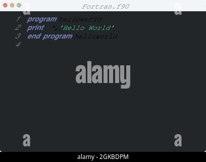 Lingua Fortran Hello World esempio di programma nella finestra dell'editor Illustrazione Vettoriale