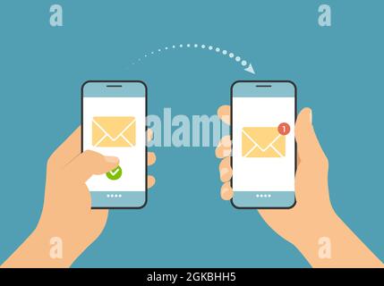Illustrazione piatta di una mano che tiene in mano uno smartphone e invia un messaggio di testo o un'e-mail. Notifica con busta sul display del telefono cellulare - vet Illustrazione Vettoriale