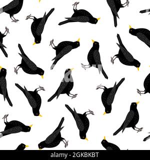 Motivo senza cuciture con uccelli neri su sfondo bianco Illustrazione Vettoriale