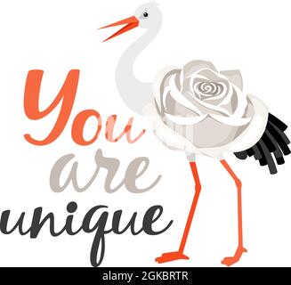 Sei unico poster con cicogna e fiore Illustrazione Vettoriale