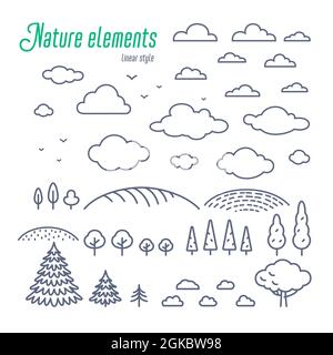 Elementi di linea di paesaggio rurale. Illustrazione vettoriale delle icone della campagna come alberi, nuvole e colline. Illustrazione vettoriale stile contorno attivata Illustrazione Vettoriale