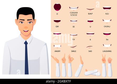 Personaggio asiatico uomo d'affari Lip-syn e bocca set di animazione Vector Illustrazione Vettoriale