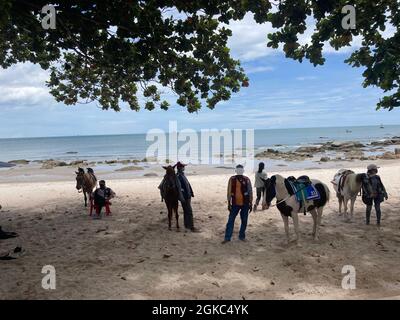 Hua Hin, Tailandia. 10 Settembre 2021. Gli abitanti del popolare resort di vacanza Hua Hin sulla terraferma tailandese sono ancora in attesa di visitatori - come qui sulla spiaggia con i loro cavalli, che sono disponibili per tour (a dpa: 'Thailandia vuole in gran parte sollevare quarantena per le persone vaccinate da ottobre') Credit: Carola Frentzen/dpa/Alamy Live News Foto Stock