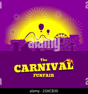 Bandiera del Salone del Carnevale. Parco divertimenti con circo, giostre, montagne russe, attrazioni al tramonto sullo sfondo della città. Paesaggio divertente e leale con fuochi d'artificio. Ruota di ferro e festival allegro-go-round. EPS Illustrazione Vettoriale