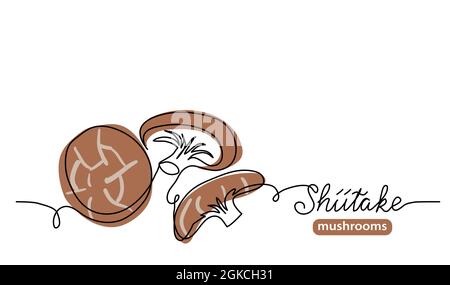 Shiitake funghi una linea disegno d'arte. Semplice illustrazione della linea vettoriale con lettere di funghi shiitake Illustrazione Vettoriale