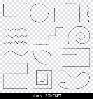 Un set di frecce curve vettoriali moderne disegnate a mano a matita nera nello stile doodle. Illustrazione vettoriale di una raccolta di puntatori su un gre bianco Illustrazione Vettoriale