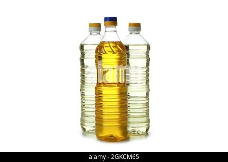 Le bottiglie di olio di semi di girasole isolati su sfondo bianco Foto Stock