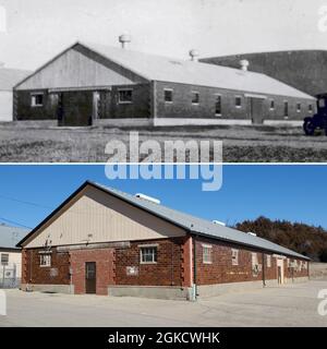 Questo venerdì di Fort Riley, continuiamo a dare un'occhiata a un piccolo gruppo di edifici vicino all'Irwin Army Community Hospital. Queste strutture sono state costruite durante il periodo in cui Camp Whitside divenne la sede centrale per le attività mediche post. L'edificio al 633 Canyon Road, noto anche come e Street, è stato aperto nel 1931. Secondo la direzione dei documenti di manutenzione dei lavori pubblici, è stata designata come "magazzino centrale N. G." (Guardia nazionale) Fu costruito con una fondazione in cemento, pavimento in cemento, pareti in piastrelle smaltate e tetto in ferro ondulato. La US Army Corp of Engineers in i Foto Stock