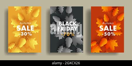 Set di poster o volantini in vendita in autunno con illustrazione 3d delle foglie autunnali dal centro ai bordi, colori diversi Illustrazione Vettoriale