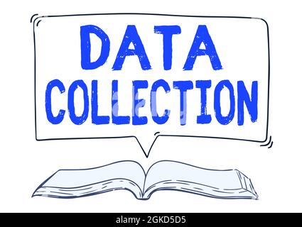Didascalia testo che presenta raccolta dati. Panoramica aziendale raccolta e misurazione delle informazioni sulle variabili mirate illustrazione Open Book con Foto Stock