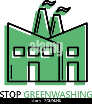 Stop greenwashing disinformazione concetto produzione industriale fabbrica verde vettore icona o linea logo silhouette isolato su sfondo bianco ambiente inquinamento illustrazione. Illustrazione Vettoriale