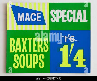 Vintage 1960 Mace Shop Price Display Card - zuppa di Baxters Foto Stock