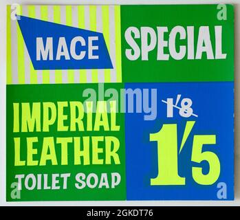 Vintage 1960 Mace Shop Price Display Card - sapone Imperial in pelle Foto Stock