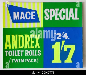 Vintage 1960 Mace Shop Price Display Card - rotoli di carta igienica Andrex Foto Stock