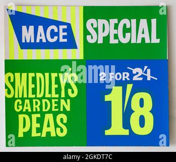 Vintage 1960 Mace Shop Price Display Card - Smedleys Garden Peas Foto Stock