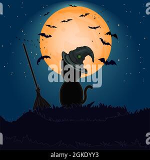 Halloween gatto nero con cappello di strega prima della luna piena su sfondo hill.Halloween notte con silhouette kitty e pipistrelli su moonlight.Vector illustrazione Illustrazione Vettoriale