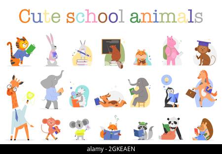 Cute animali studio in scuola set, illustrazione vettoriale di istruzione. Cartoon divertente zoo animale selvatico o personaggio di uccello che tiene libro per leggere e imparare l'alfabeto vicino cute scuola animali testo isolato su bianco Illustrazione Vettoriale