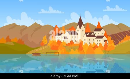 Paesaggio autunnale e città europea mare vettore illustrazione. Cartoon mare, fiume o lago costa scena con barca in Europa, montagna natura vista, villaggio costruzione case, panorama scenario sfondo Illustrazione Vettoriale