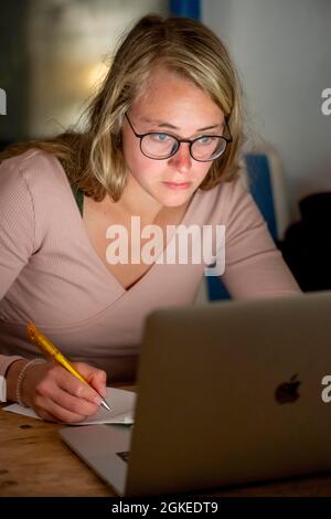 La giovane donna si siede di fronte al laptop e lavora Foto Stock