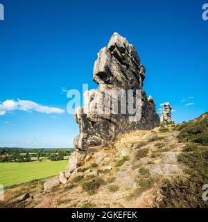 Formazione di roccia, Teufelsmauer riserva naturale, vicino Weddersleben, Harz, Sassonia-Anhalt, Germania Foto Stock
