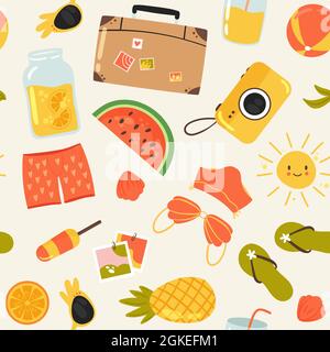 Illustrazione vettoriale del motivo senza giunture estivo. Cocomero carino cartoon, gelato dolce dessert, valigia, macchina fotografica, costume da bagno bikini, spiaggia di mare, infradito e occhiali da sole isolati su bianco Illustrazione Vettoriale