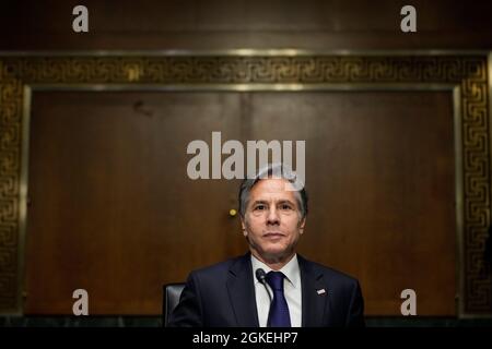 Washington, DC, Stati Uniti. 14 settembre 2021. Il Segretario di Stato degli Stati Uniti Antony Blinken arriva per un'audizione del Comitato per le Relazioni esterne del Senato su Capitol Hill, 14 settembre 2021 a Washington, DC. Blinken è stato interrogato sulla gestione da parte dell'amministrazione Biden del ritiro degli Stati Uniti dall'Afghanistan. Credit: Drew Angerer/Pool Via CNP/Media Punch/Alamy Live News Foto Stock