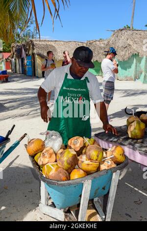 Vendita di noce di cocco, il villaggio di pescatori di mano Juan, Isla Saona Island, Parque Nacional del Este, Repubblica Dominicana Foto Stock