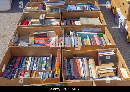 Belgrado, Serbia - 11 settembre 2021: Molti vecchi libri in scatole in vendita al mercato delle pulci Sunny Day. Foto Stock