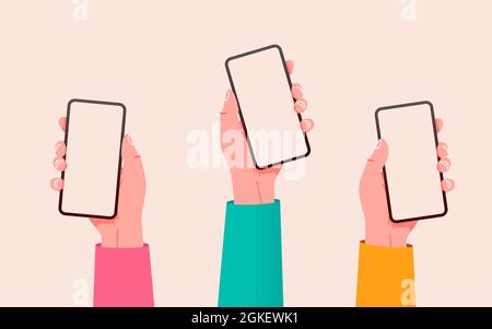 Mani vettoriali piatte con telefoni. Le mani che tengono i telefoni con gli schermi vuoti si simulano. Interazione con i social media. Comunicazione social network su app mobile. Illustrazione Vettoriale