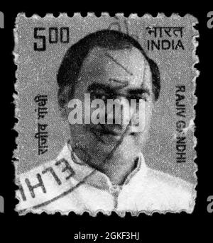 Stampa di francobolli in India, Rajiv Gandhi Foto Stock