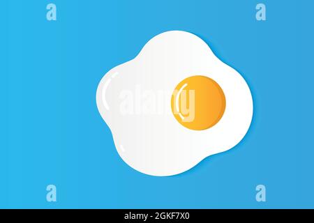 Uovo fritto, illustrazione vettoriale. Tuorli gialli brillanti sulla parte superiore dell'albume su sfondo rettangolare blu. Insolita frittura di uova art. Cibo icona. Illustrazione Vettoriale