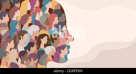 Donna viso silhouette in profilo con gruppo di donne multiculturali e multietniche volti Inside.Concept di uguaglianza razziale anti-razzismo. Allyship Illustrazione Vettoriale