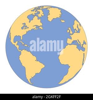 Illustrazione vettoriale isolata del pianeta Terra. Disegno minimalista e delineato del globo con i continenti America, Africa, Europa e Oceano Atlantico Illustrazione Vettoriale