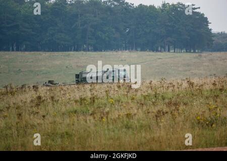 British Army Steyr-Daimler-Puch BAE Systems Pinzgauer High-Mobility 6x6 All-Terrain Vehicle allows a 105mm L118 Light Gun on Military Exercise Wilts UK Foto Stock