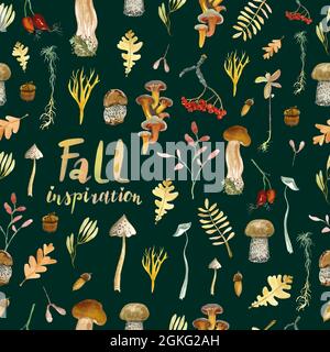 La foresta caduta acquerello disegno a mano senza giunture modello Foto Stock