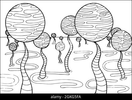 Doodle alieno fantasia paesaggio d'acqua con funghi grandi colorare pagina per adulti. Fantastica grafica psichedelica. Vettore disegno a mano semplice piatto Illustrazione Vettoriale