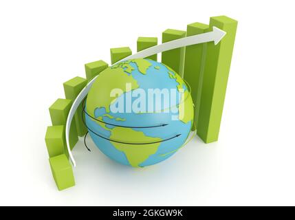 Globo terrestre verde con grafico a barre di crescita sulla freccia, immagine 3d Foto Stock