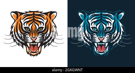 La testa della tigre ruggente è stilizzata come un emblema o un logo Illustrazione Vettoriale
