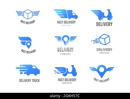 Collezione di logo Blue delivery, set di emblemi, simboli e icone. Progettazione concettuale di consegna rapida Illustrazione Vettoriale