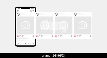 Kyiv, Ucraina - 1 agosto 2021: Posto del carosello di Instagram con smartphone. Modello di mockup interfaccia post carosello Instagram. Annunci di social network Illustrazione Vettoriale