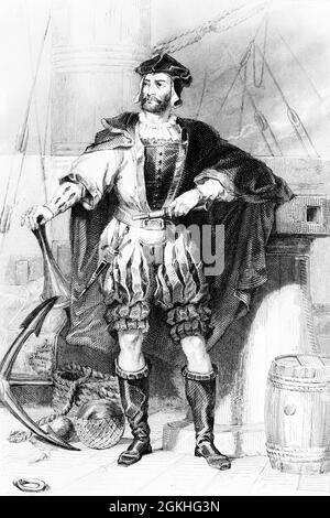 1530 JACQUES CARTIER FRENCH EXPLORER NAVIGATOR CHE HA SCOPERTO LA ST. LAWRENCE RIVER E RIVENDICATO CANADA PER LA FRANCIA - Q53229 CPC001 HARS NERO E BIANCO CARTIER ETNIA CAUCASICA HA DICHIARATO SCOPERTO JACQUES LAWRENCE MAPPATO MARITIME CHIAMATO NAVIGATOR VECCHIO STILE Foto Stock