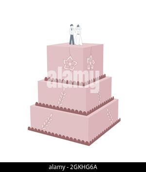 grande torta nuziale con sposa e toper torta sposo, 3d prospettiva vista illustrazione isolato su bianco Foto Stock