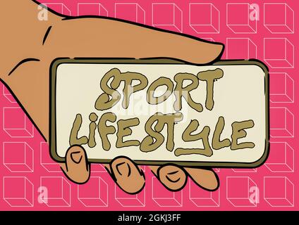 Testo della scrittura Sport Lifestyle. Concetto significato Fond dello sport o delle attività all'aperto fisicamente attivo illustrazione della mano dell'adulto che tiene il mobile che mostra Foto Stock
